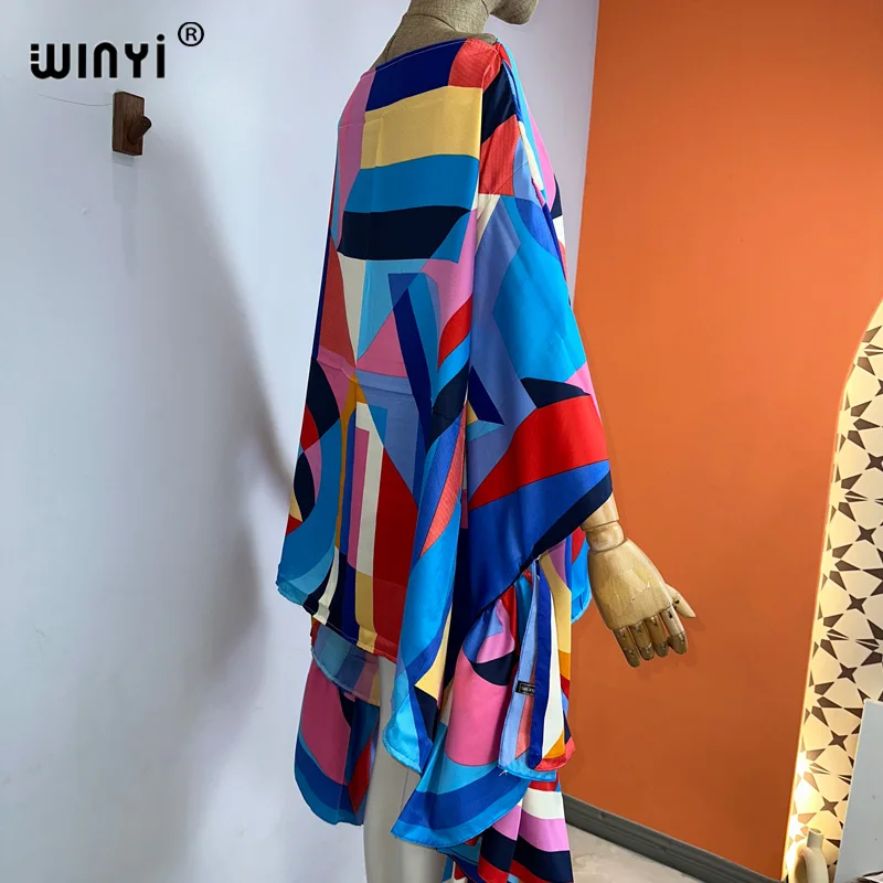 WINYI Women summer fashion Evening Party Beachwear Kuwait Bohemian Abaya kaftan Puff Sleeve sexy elegant beach cover up dress