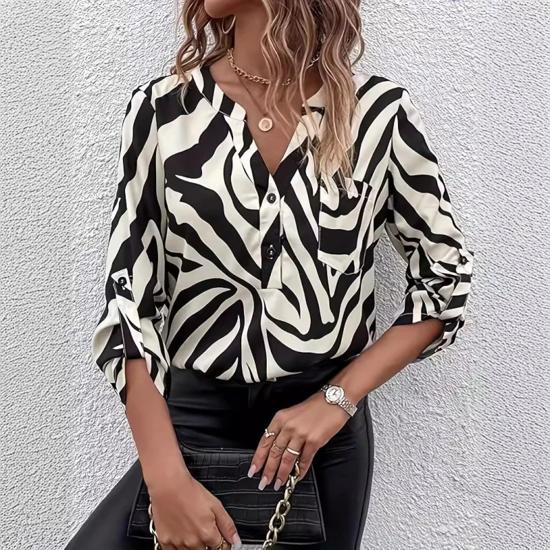 

2025Hot-Selling Women's Zebra Print Shirt V Collared Long Sleeve Pocket Shirt Top