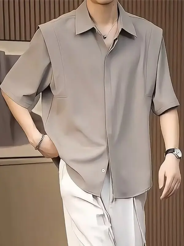 

Men's Ice Silk Short Sleeve Shirt Drapey Half Sleeve Fashionable Korean Style Pure Color No Ironing mid Sleeve Shirt Summer