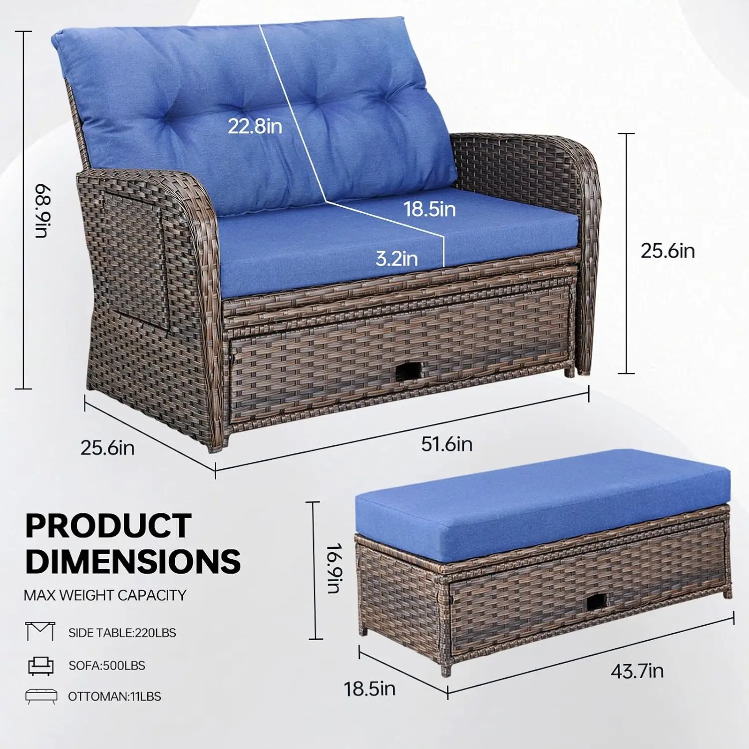 Patio Rattan Daybed Loveseat With Adjustable Backrest & Stowable Tray, 5-Level Recline, Brown Wicker Blue Cushion, Customized