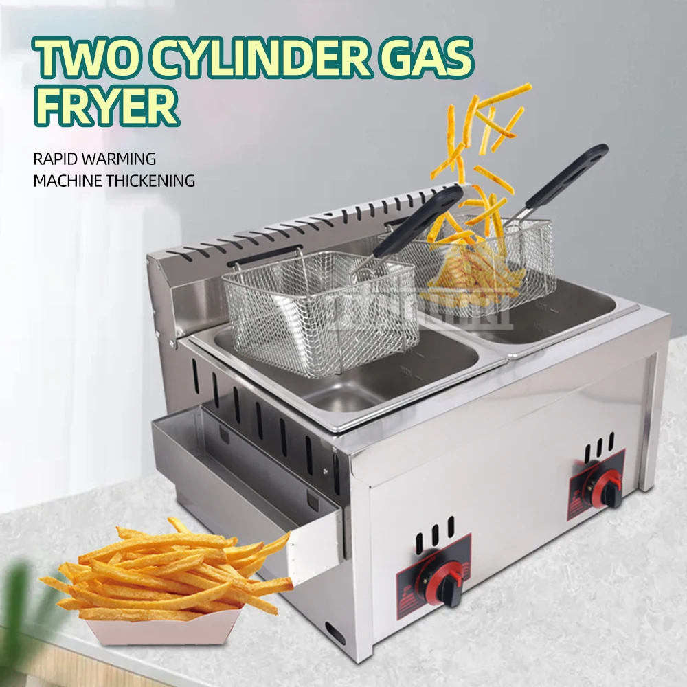 12L Stainless Steel Gas Fryer Countertop Fried Chicken French Fries Machine Commercial Deep Fryer Machine with Dual Tanks