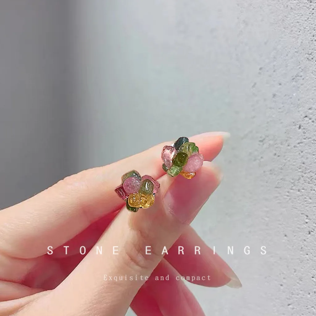 Natural stone tourmaline! 925 silver needle Mori series simple small fresh mini version sweet stud earrings factory earrings,