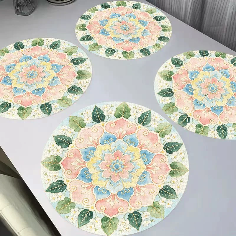 VIKAMA Fresh Watercolor Macaron Mandala Flower Round Linen Table Mat Insulation and Wear resistant Table Mat Desktop Decoration