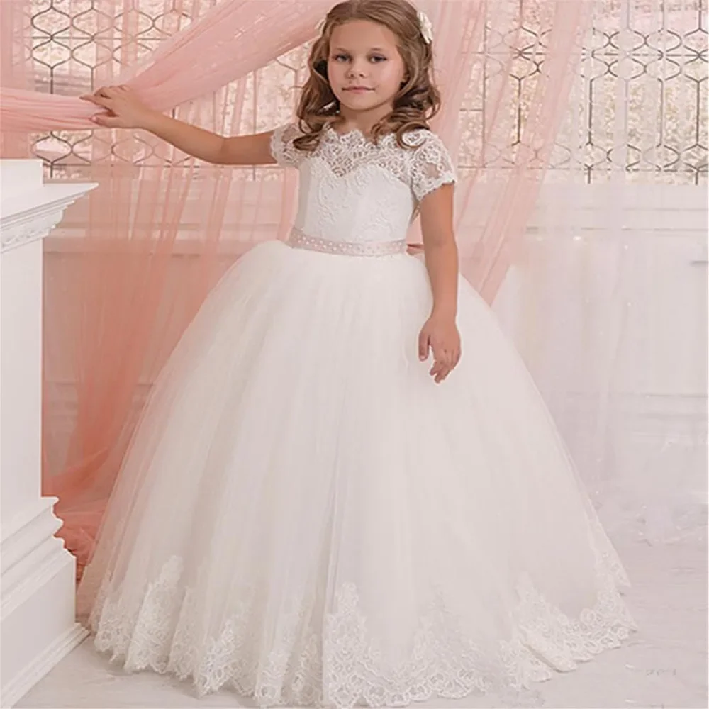 

Ruffles Flower Girls Dresses Beaded Kids Birthday Party Ball Gowntiered Tulle Lace Appliques Child Comunion Dress