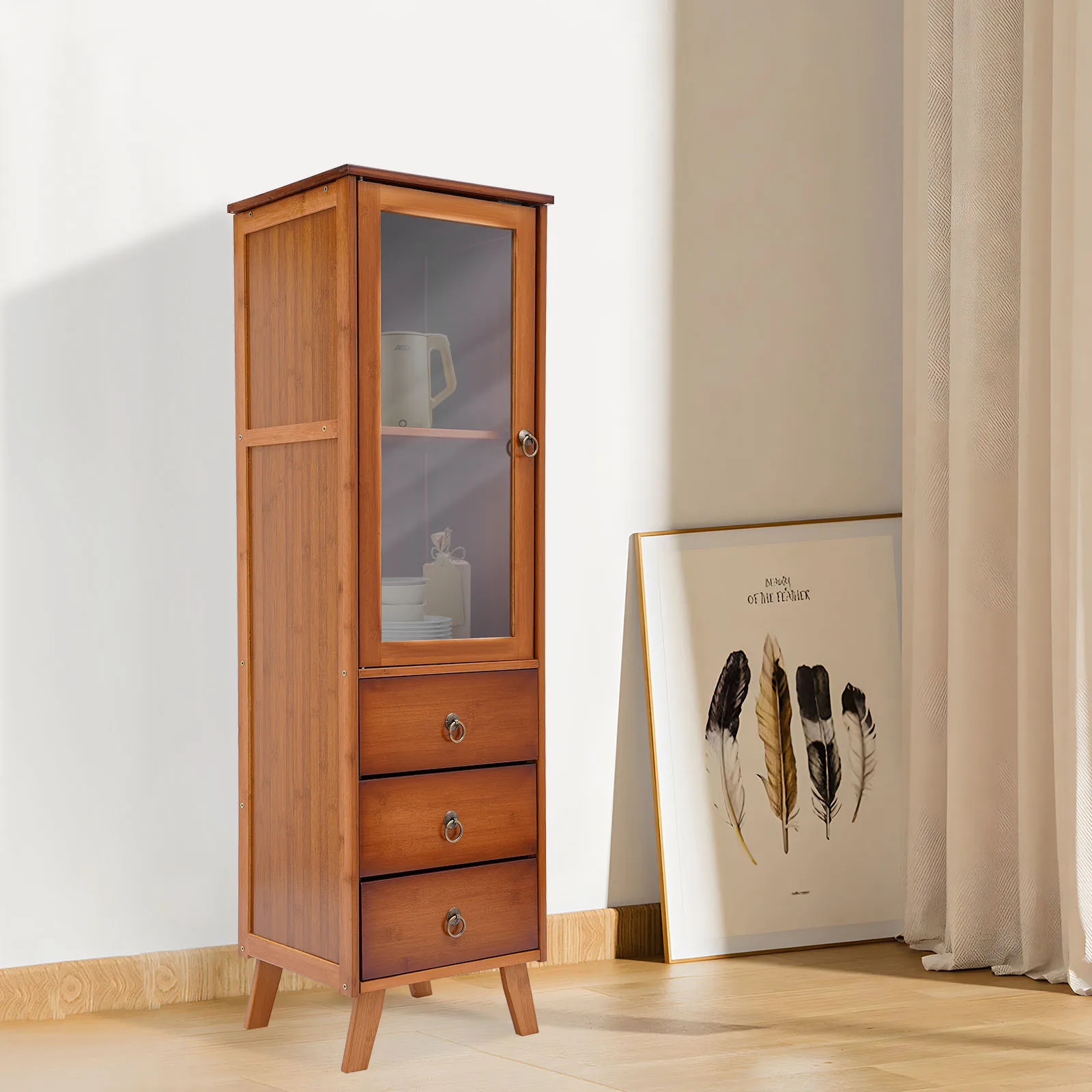 

Home Coffee Wine Bar Cabinet Wood Corner Cabinet Bamboo Storage Cabinet with Single Acrylic Door and 3 Drawers