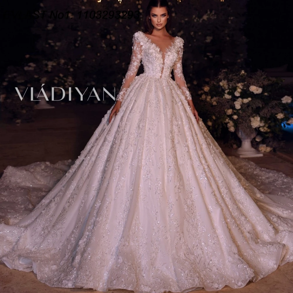 

EVLAST Индивидуальное блестящее свадебное платье с длинным рукавом A Line V-образным вырезом Мусульманское кружевное свадебное платье с аппликацией и бисером Robe De Mariee TBD76