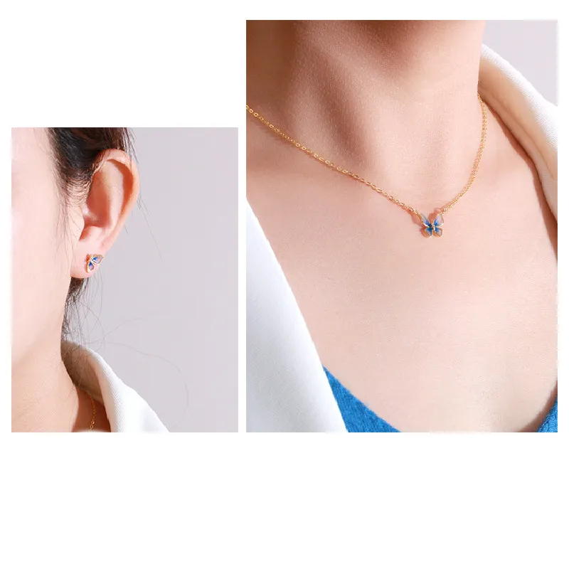 CCFJOYAS 925 Sterling Silver Enamel Gradient Blue Butterfly Earrings/Necklace Set Birthday Valentine's Day Gift Jewelry Set