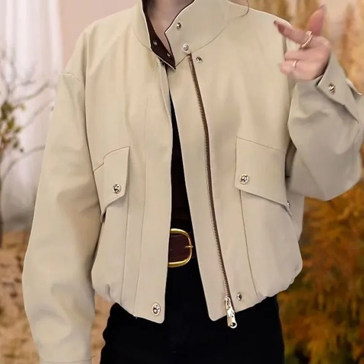 Elegant Short Stand Collar Windbreaker Women's Casual Loose Fitting Meat Concealing Jacket Top for Autumn 2025 Commute Style