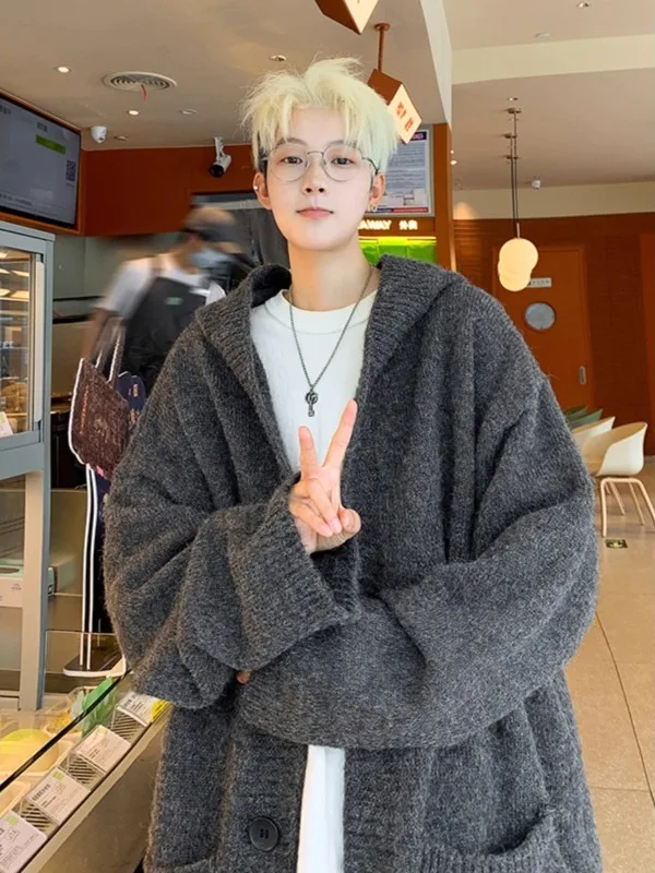 

Deep ey Heavy Knit Cardigan Sweater Men's Trendy Brand Loose Lazy Sle Casual Hooded Jaet Polyester Fiber Long Sve