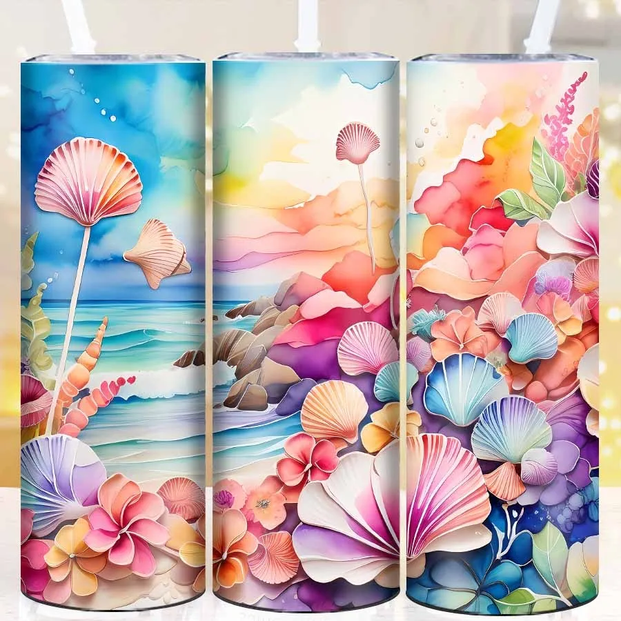 1Pc Print 3D Colorful Seaside Shell Water Bottle Straw Lid 20oz Stainless Steel Tumbler Insulated Coffee Mugs Vacuum Travel Cup