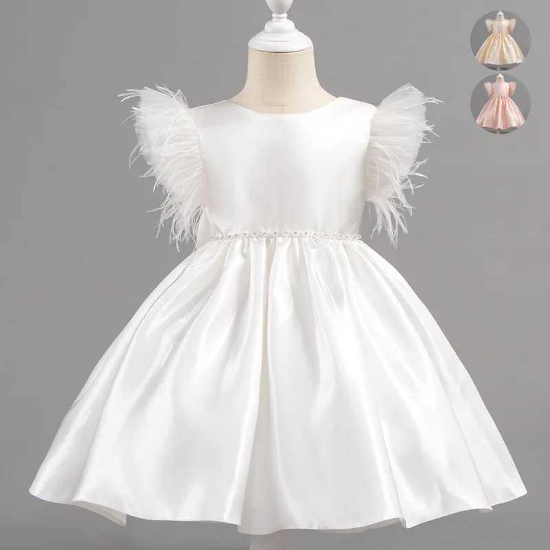 Vestido de verano de satén con flores cortas, ropa para niños, vestido de novia, vestido de Nochevieja de presentador pequeño, vestido de actuación de cumpleaños