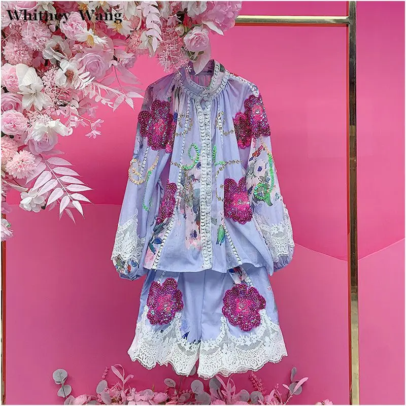 WHITNEY WANG Designer Style 2025 Autumn Fashion Streetwear Sequins Beading Florals Vintage Blouse and Shorts Women 2 Pieces Sets