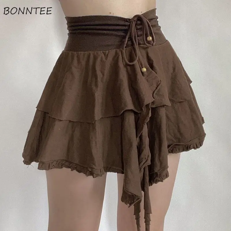 

Skirts Women Lace-up Creativity Folds Leisure Cool European Style Basics Popular Vintage Pure Trendy Age-reducing Stylish Temper