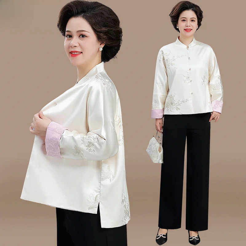 

Осенняя верхняя одежда для женщин среднего возраста: модный свободный топ на пуговицах с высоким воротником из смесового полиэстера в китайском стиле