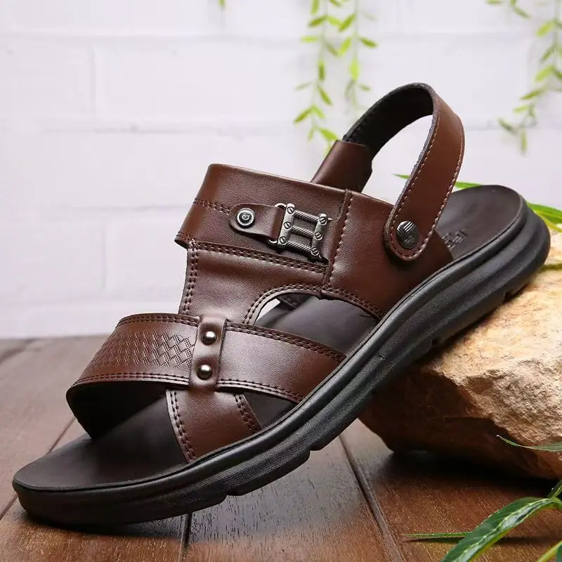 

Men's Summer Leather Open Toe Hollow Casual Sandals Soft Sole Non Slip Dual Purpose Outdoor Beach Sandals Flat Sole Slippers