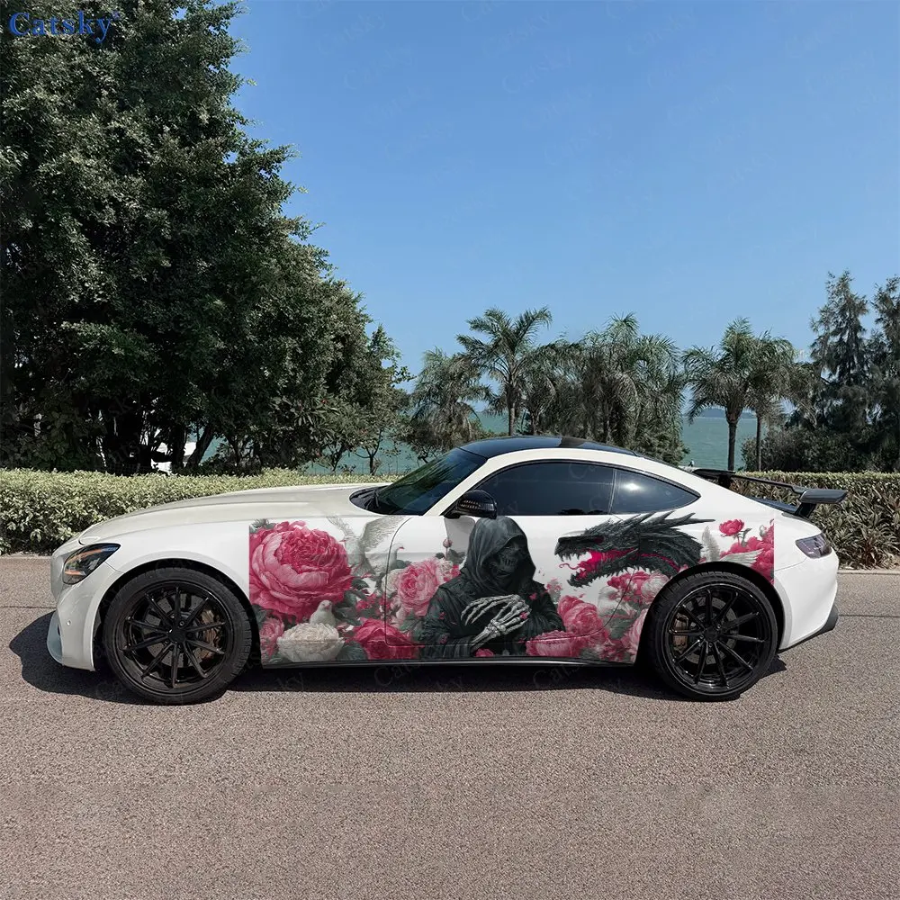 

2pcs Romantic Grim Reaper & Dragon Car Side Wraps, Self-Adhesive PVC Waterproof & Scratch-Resistant Stickers, Car Accessory Gift