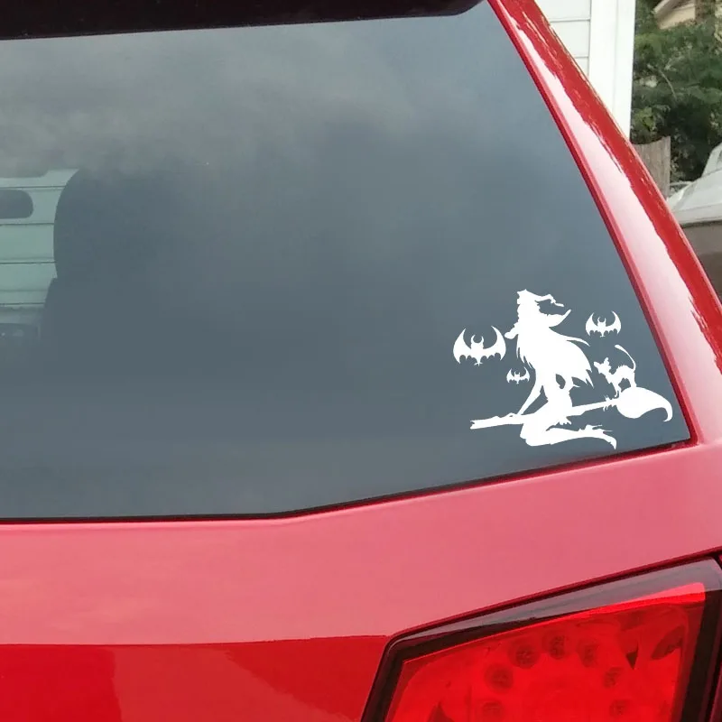 Z1084# Car Sticker For Witch On Broomstick With Cat Bats Decal Car Accessories Pegatinas Para Coche DIY Car Styling