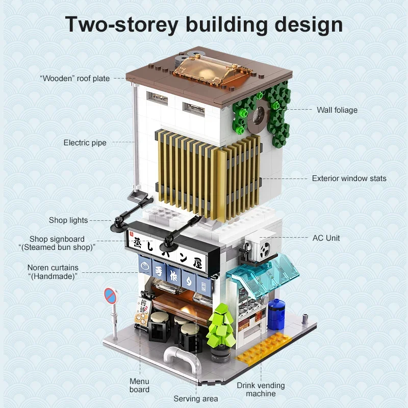 Casa del negozio di panini al vapore Blocchi modulari Città giapponese Appartamento Negozio Architettura Modello in mattoni Kit Regalo per bambini per adulti 1108 pezzi