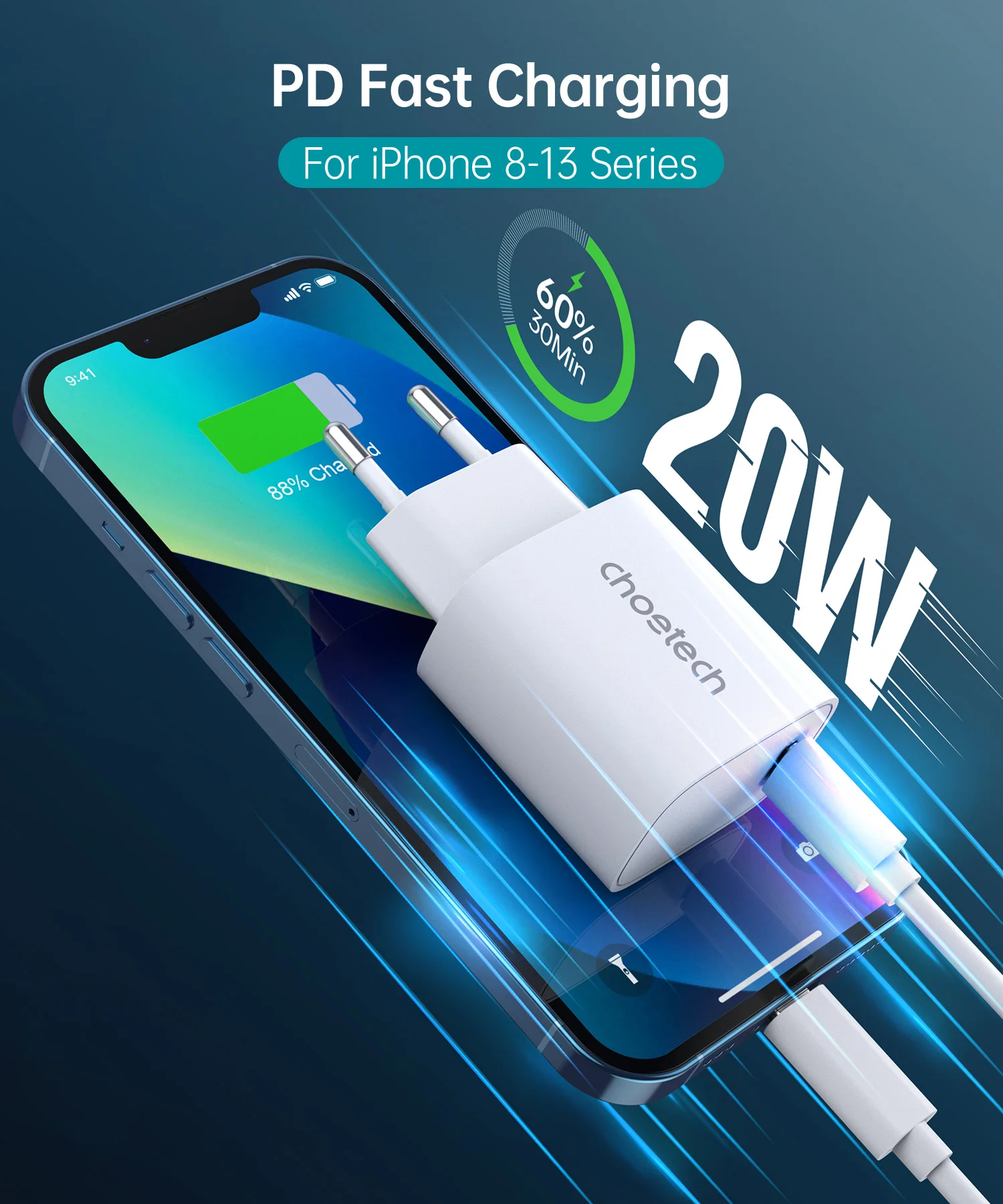 Choetech PD20W Wall Charger with Single Type-c port support for iwatch iphone 12/13/14/15 series with CES RoHs EMC Certificates