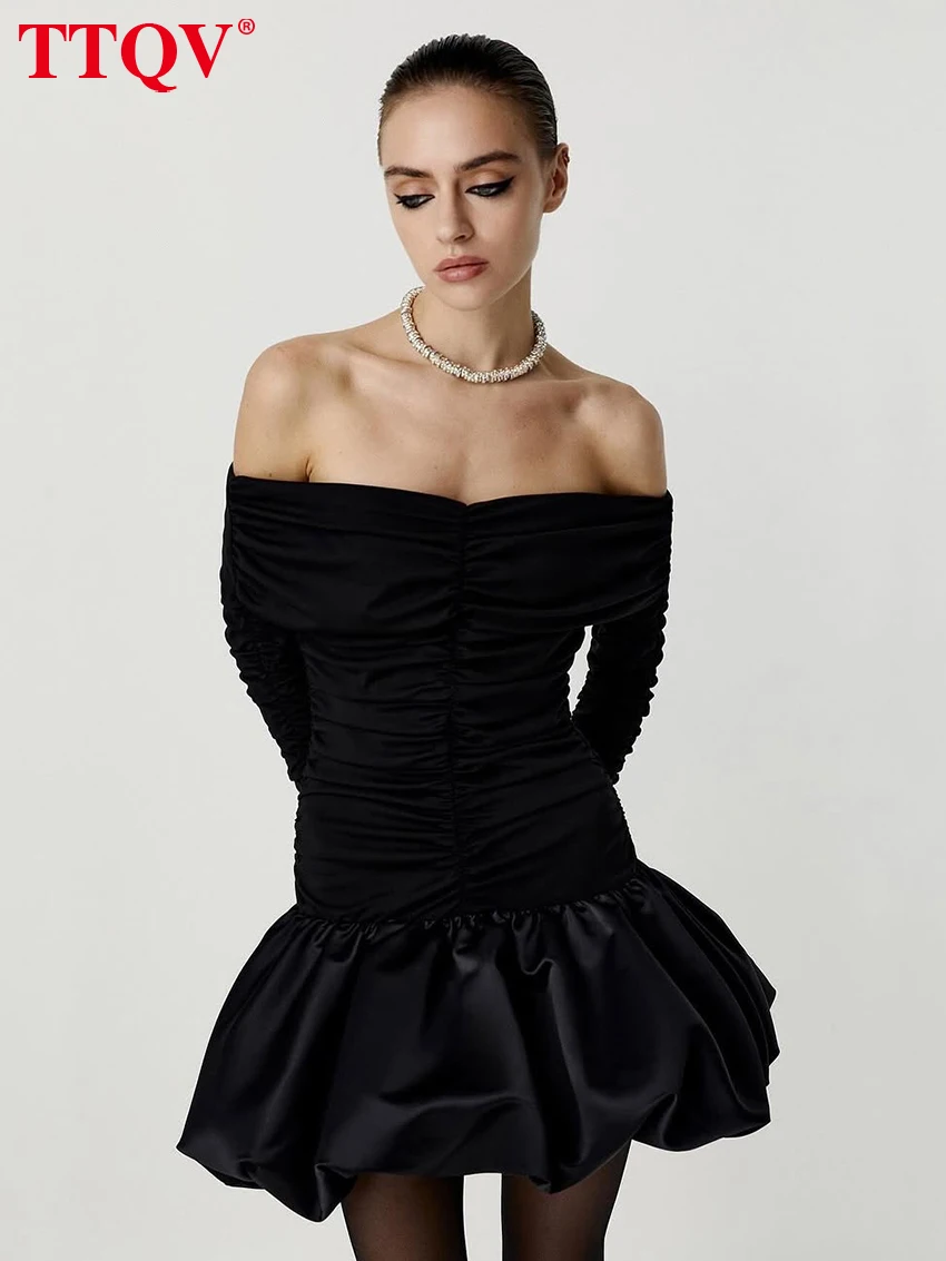 

TTQV Sexy Slim Black Women's Dress Bodycon Slash Neck Long Sleeve Mini Dresses Elegant Classic Pleated Female Dress Streetwear