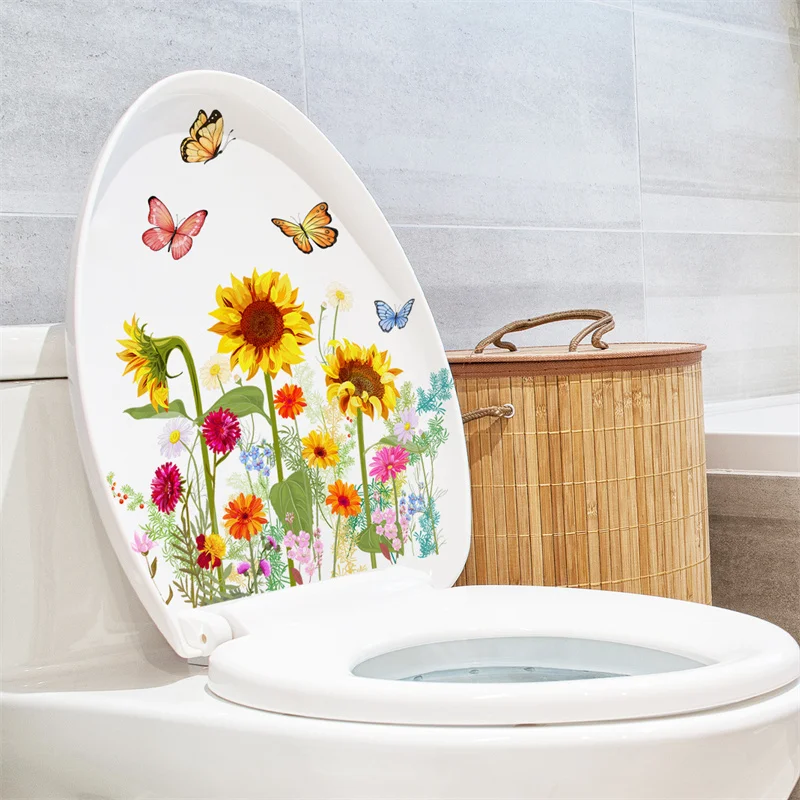 M19 Pflanzen Blumen Sonnenblumen Schmetterlinge Wanda uf kleber Toiletten aufkleber Badezimmer Toiletten abdeckung Kühlschrank Aufkleber WC Dekoration – Detail 3