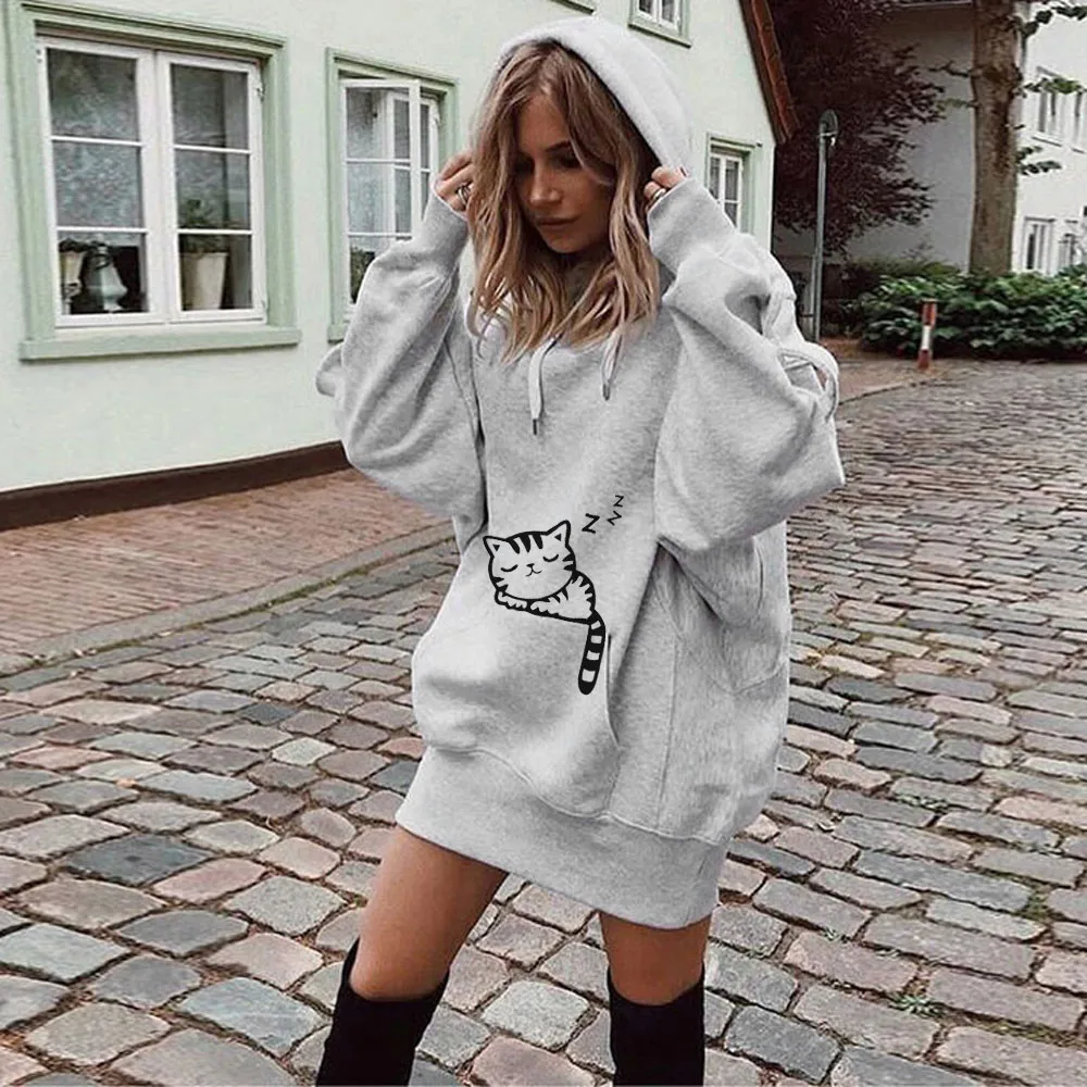 Cat Hoodies Dress Womens Print Hooded Sweatshirts Athletic Long Sudadera Y2k Oversize Female Full Sleeve Hooded Cardigan Blouses