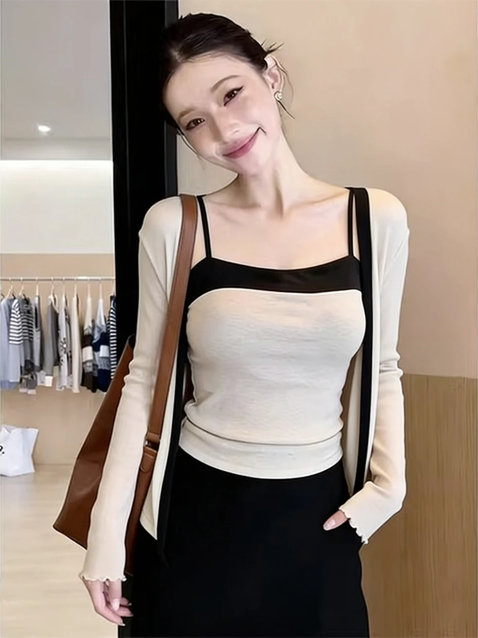 

Korean Style Women's Knitted Set Summer Outerwear Long Sleeve Short Length Polyester Fiber Blend Color Contrast Spring Cardigan