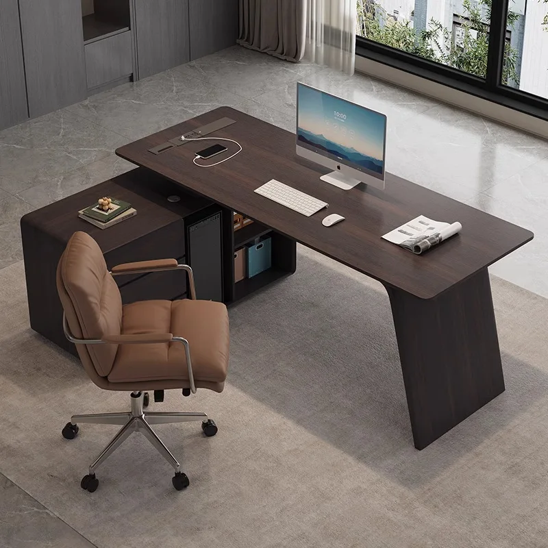 Italian Minimalist Desk Retro Style Walnut Solid Wood With Chest, Computer Desk, Desk And Chair Combination