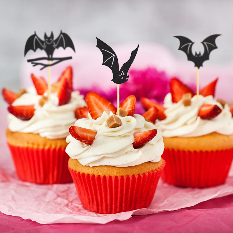 

12pieces Halloween Bat Cupcake Topper Black Bat Cupcake Picks for Kids Halloween Birthday Party Cake Decoration Kitchen Supplies