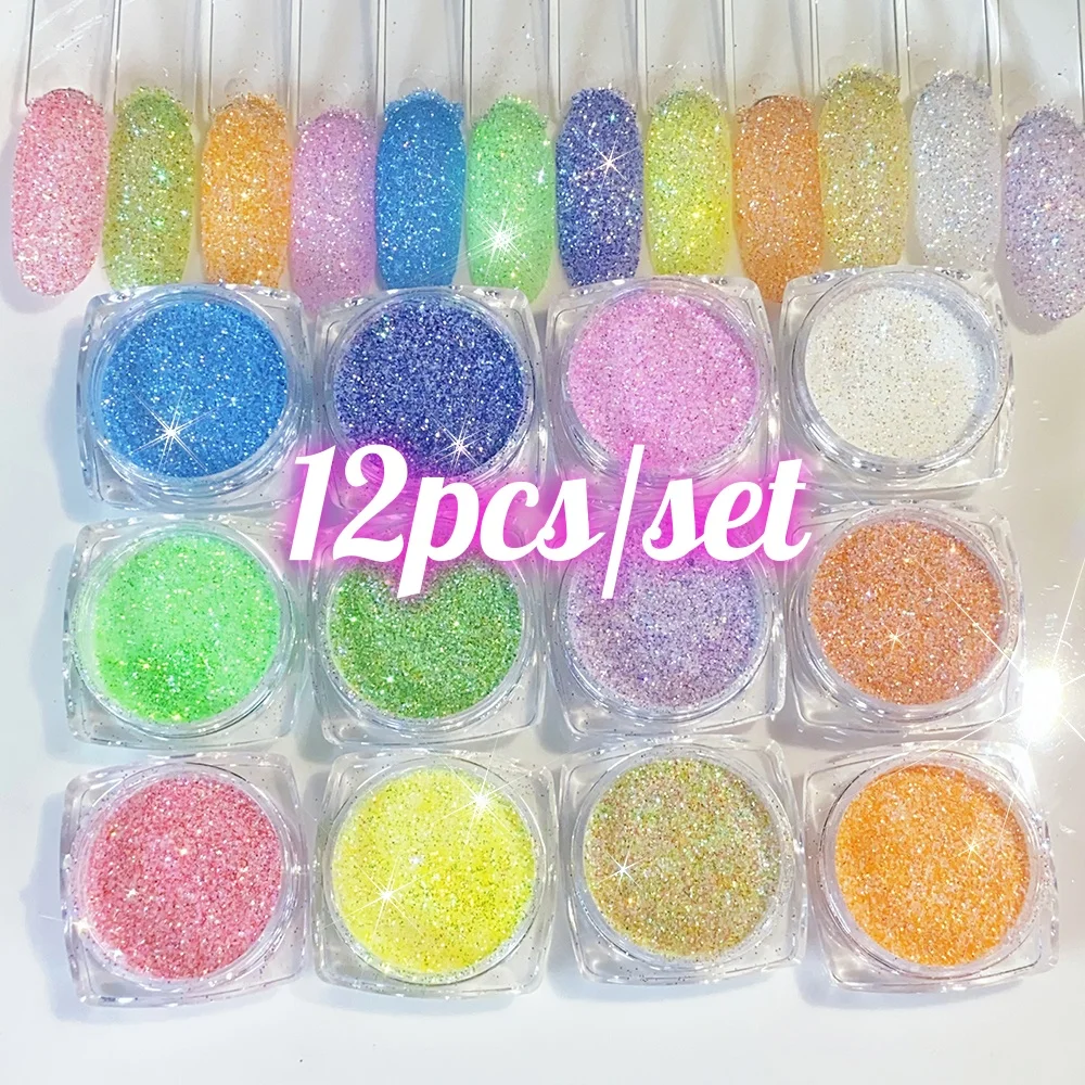 12pcs/set Glitter Sugar Coat Powder for Nail Art Shiny Iridescent Chrome Pigment Dust Autumn Winter Nail Decor Manicure Supplies