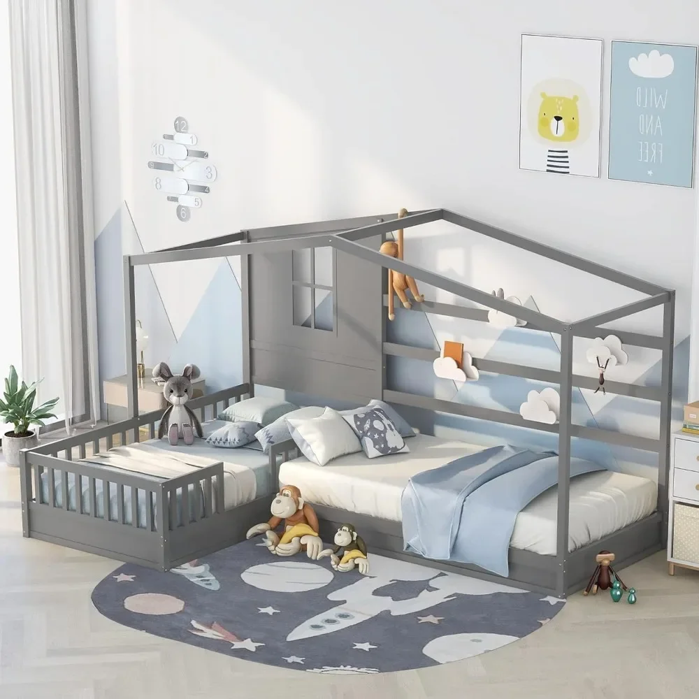 Solid Wood Twin Platform Beds Frame for 2 People, L Shaped Bed Frame with Roof, Twin Corner Bed House Beds for Kids