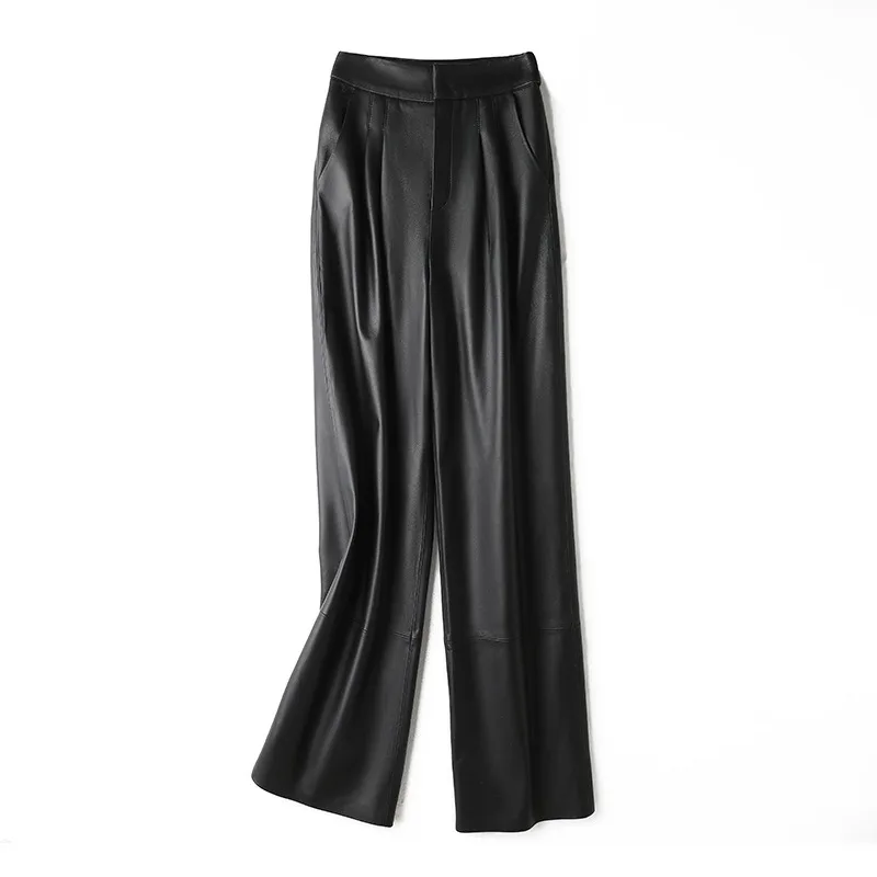 Tao Ting Li Na Women Real Leather Pants Spring and Autumn New High Waist Sheepskin Slim Cuff Straight Pants Wide Leg Pants