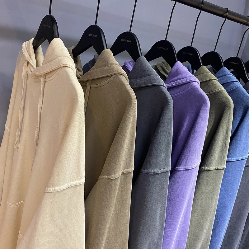 

MAQVOB US EU Size Luxury Streetwear Wax Dyed Vintage Retro Sweatshirt 380g Ribbed Sleeve Cuffed Washed Hoodie