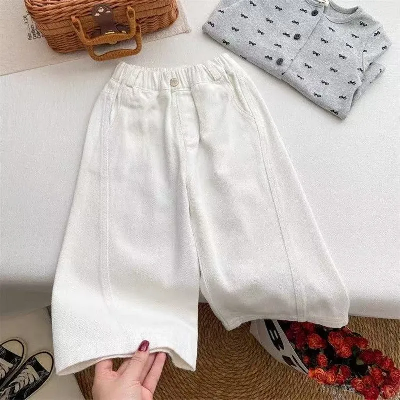 

Girls Pants Spring Autumn 2026 New Style Children's White Korean Wide Leg Pants Loose Straight Long Trousers