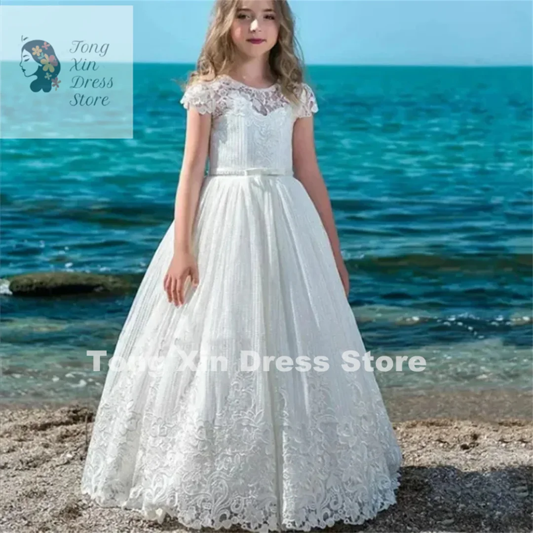 White Lace Flower Girl Dress Decal Bow Short Sleeve Princess Baby Girl Prom Dress for Wedding Birthday Party Evening Gown