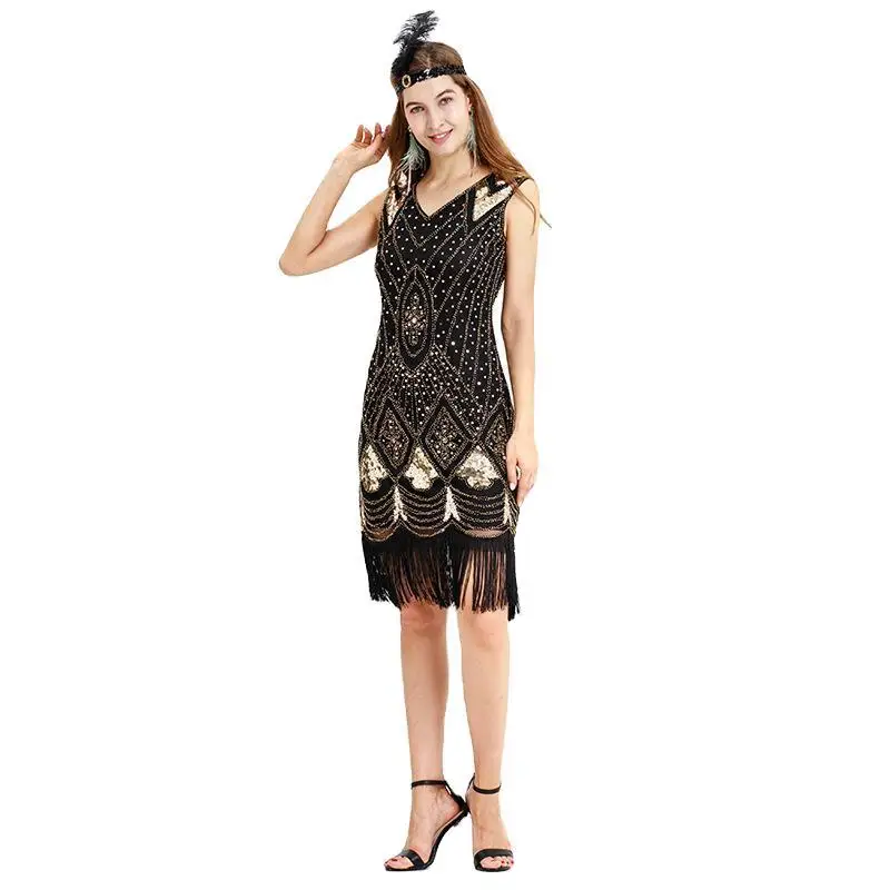 Retro In Rilievo di Paillettes Costume Vintage 1920s Vestito Flapper Grande Gatsby Vestito Da Sera Del Partito di Paillettes Con Frange Abiti 20s Vestito 3XL