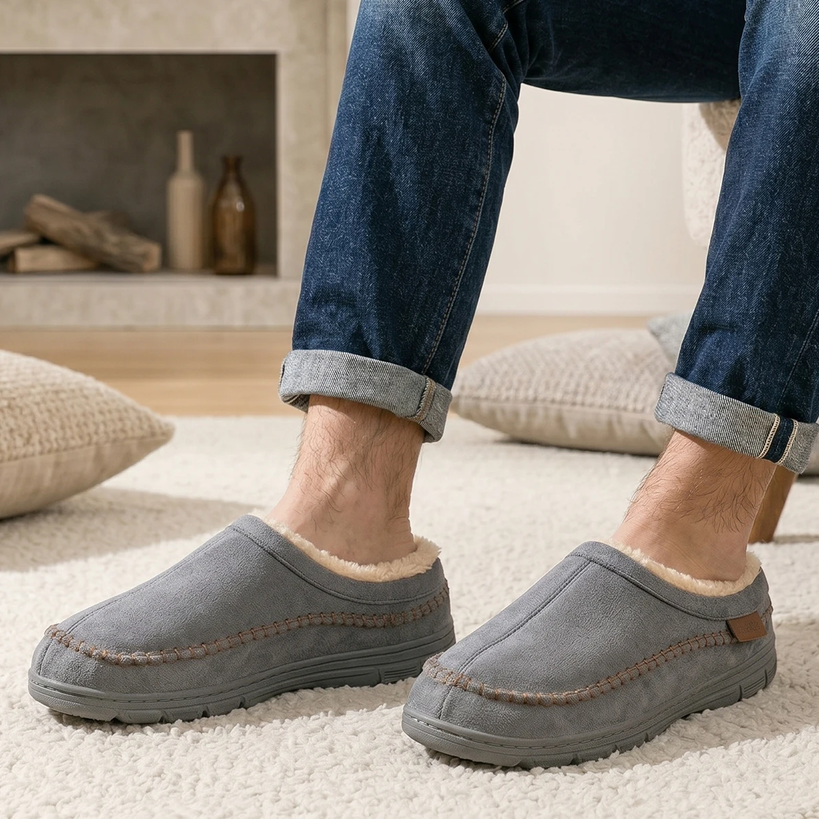 Herren-Winterhausschuhe aus Wildleder: Weich, Bequem und Warm, mit Starker Wärmeisolierung für den Wohnbereich Indoor-Schuhe für einen Fuß – Detail 8