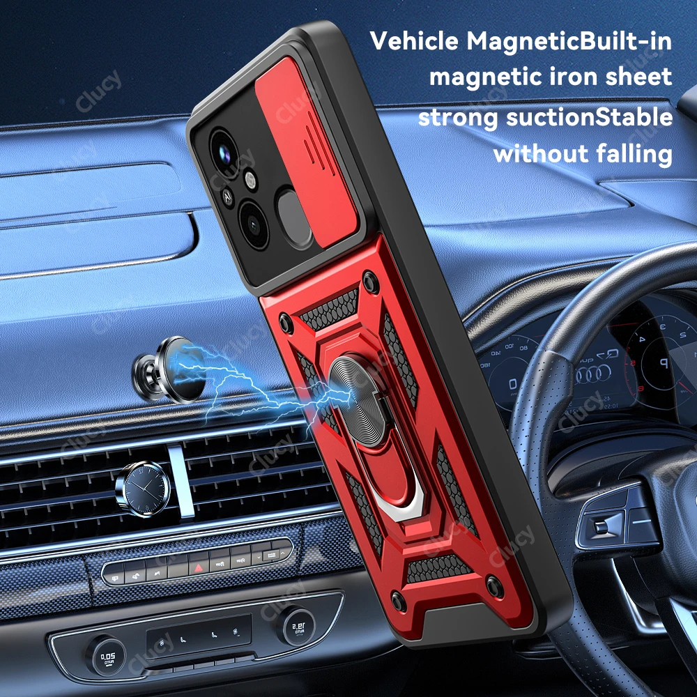 ل Xiaomi Redmi 12C 13C 10C 9C NFC كاميرا للصدمات درع الحال بالنسبة Redmi 11A 10A 9A 9AT سيارة حامل مغناطيسي حلقة غطاء وقائي