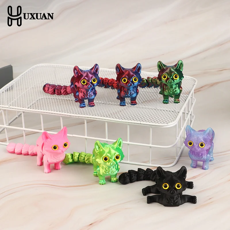 1pcs 3D Printed Colorful Candy Cat Movable Joint Simulation Mini Candy Cat Action Figures Desktop Ornament Birthday Gifts