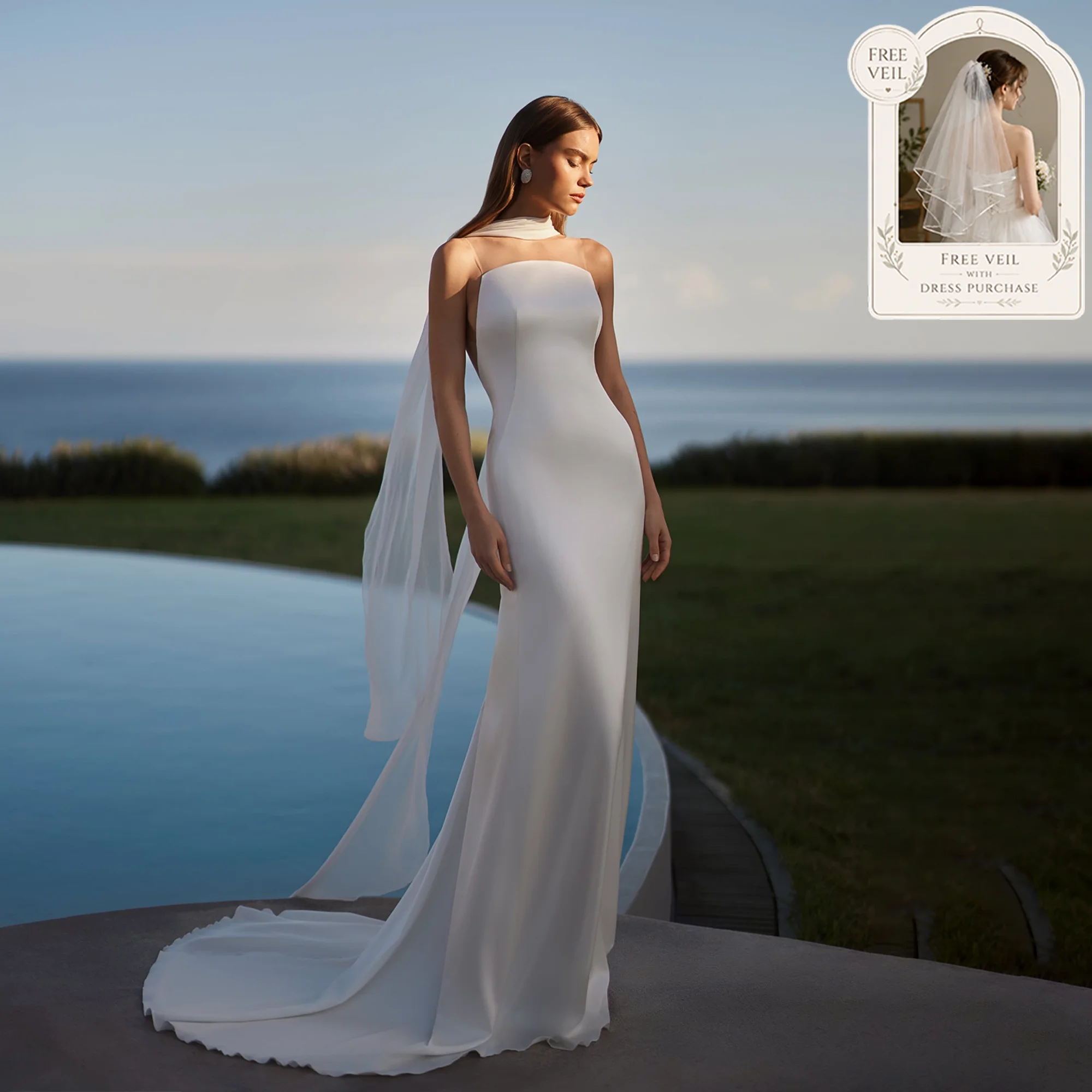 Backless Civil Wedding Dresses With Ribbon Mermaid Scoop Neck Sleeveless  Satin Bride Gowns Vestidos Novias Boda Customized