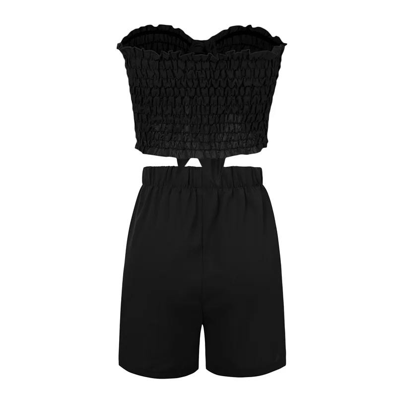 

Women Two-Piece Clothes Set Solid Black Brown Blue Sleeveless Off Shoulder Pleated Outfits