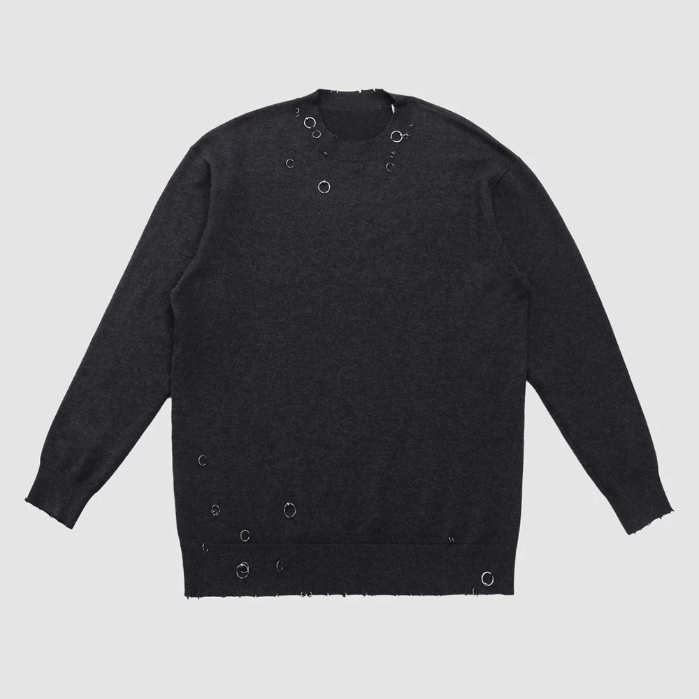 T-shirt girocollo da donna elegante con dettaglio anello in metallo 100% misto lana manica lunga pronta per pendolari Top stile Y2K Primavera 2026 Nuovo