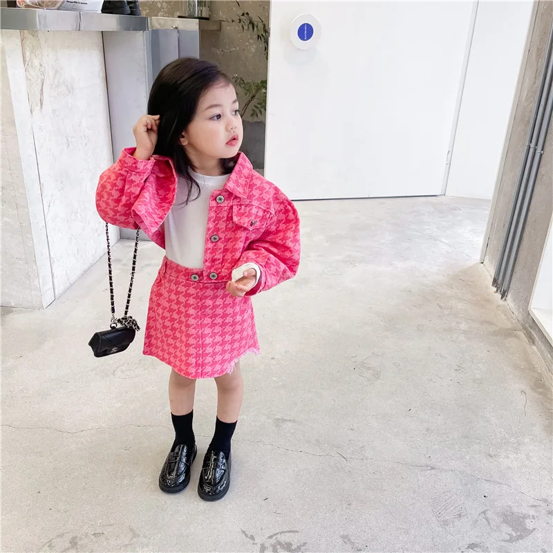 2023 Spring New Arrival Girls Fashion 2 Pieces Suit Coat+skirt Kids Houndstooth Sets