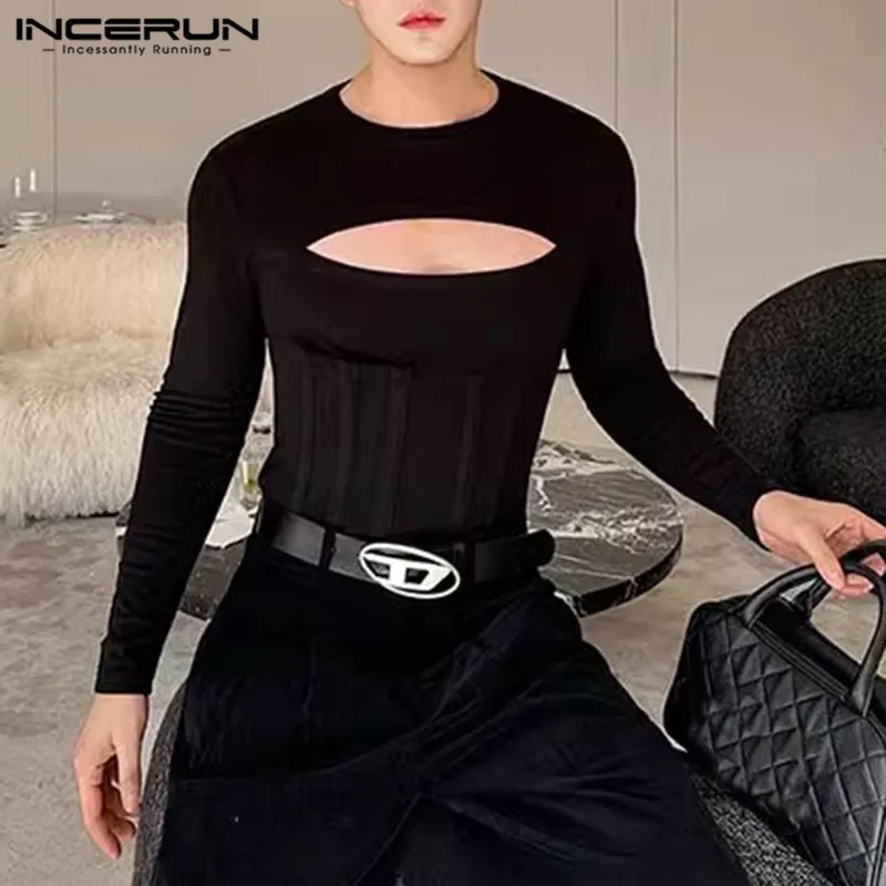 Handsome New Mens Tops INCERUN Deconstruction Design T-shirts Casual Solid Hollow Knitted Tight Long Sleeves Camiseta S-5XL 2024