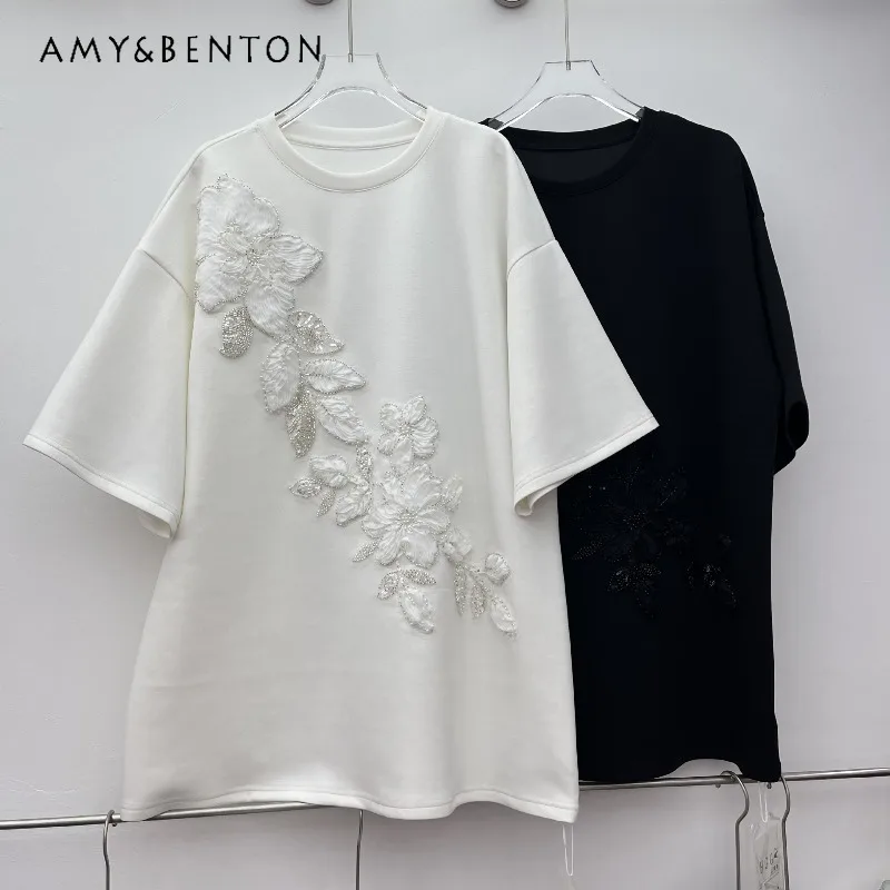 

2026 Spring New Casual Floral Embroidery T-shirt Women's Y2k Loose Versatile Fashion Top Tshirts Pullover Y2k Clothes Pullovers