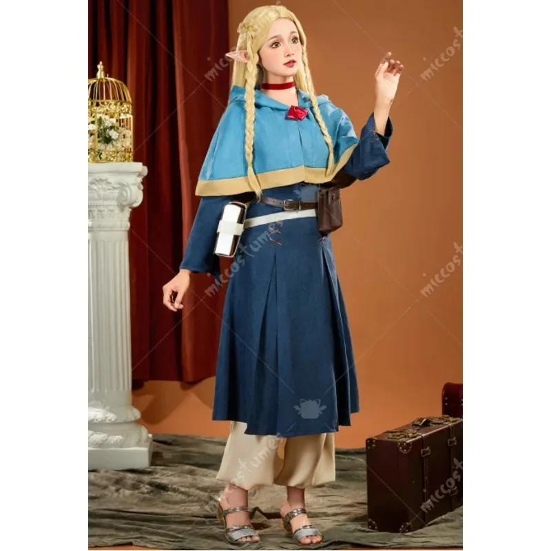 

Miccostumes Women's Marcille Donato Cosplay Costume Blue Dress Shawl with Pants and Bags Premium Ver