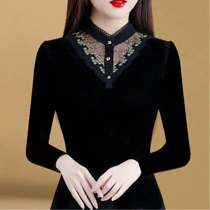 2023 Autumn and Winter Women\'s New Thin Bottom Top with Thickened Black Lace Slim Fit Korean Bottom Top Elastic Comfortable Top