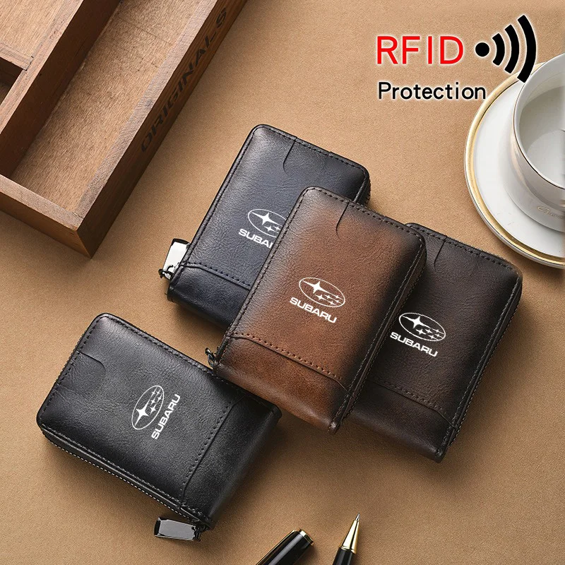 

Vintage Leather Card Bag Car LOGO Thin Wallets Card Document Storage Pocket For Subaru STI Forester Legacy Outback WRX Crosstrek