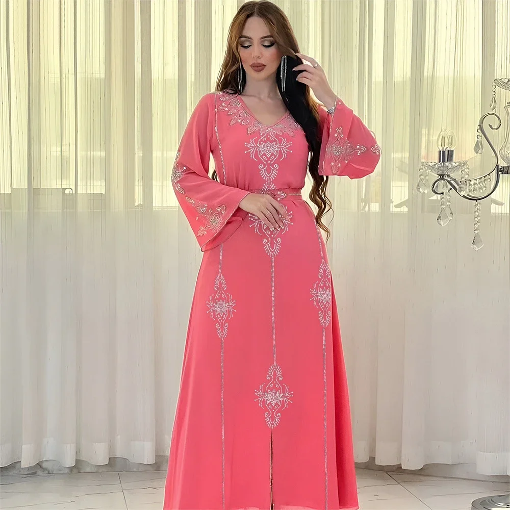 ผู้หญิงมุสลิมชีฟองเพชรชุด Eid Mubarak ดูไบ Abaya ตุรกี Kaftan อิสลาม Jalabiya Saudi อาหรับ Robe Ramadan ชุด