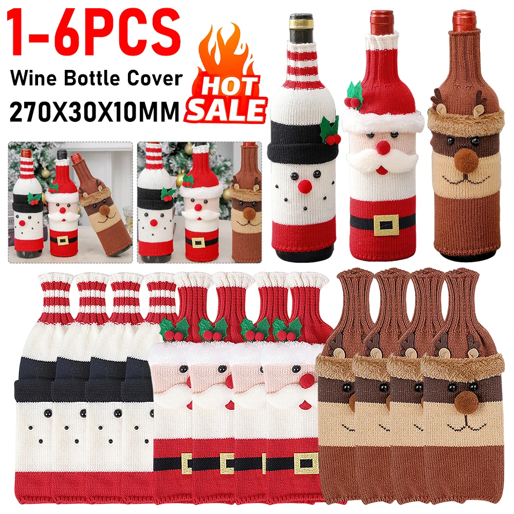 

1-6pcs Christmas Wine Bottles Cover Wine Bag Santa Snowman Woven Wine Bottle Bags Sleeve Table Decorations For Christmas Party